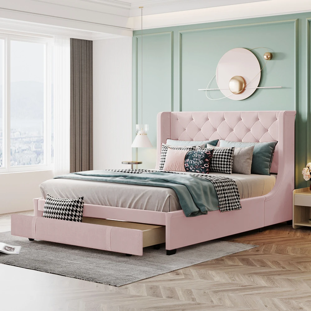 Upholstered bed 140 x 200 cm, double bed with slatted frame, and large drawers, adult bed made of linen, pink without mattress