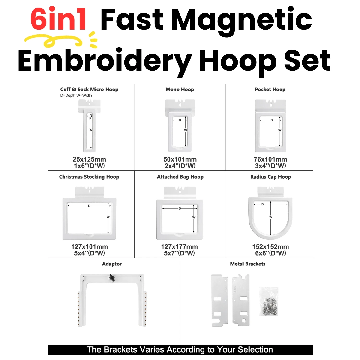 6in1 Magnetic Mighty Hoops for Brother Persona PRS100 VR Embroidery Machine