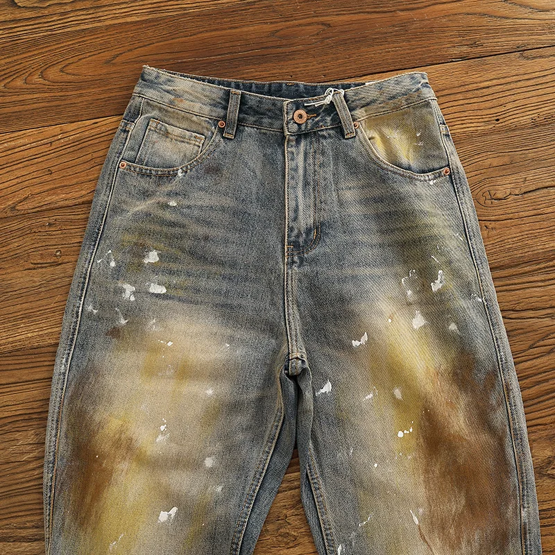 Jeans de perna reta soltos pesados de outono e inverno para homens, calças jeans vintage com tinta salpicada personalizada