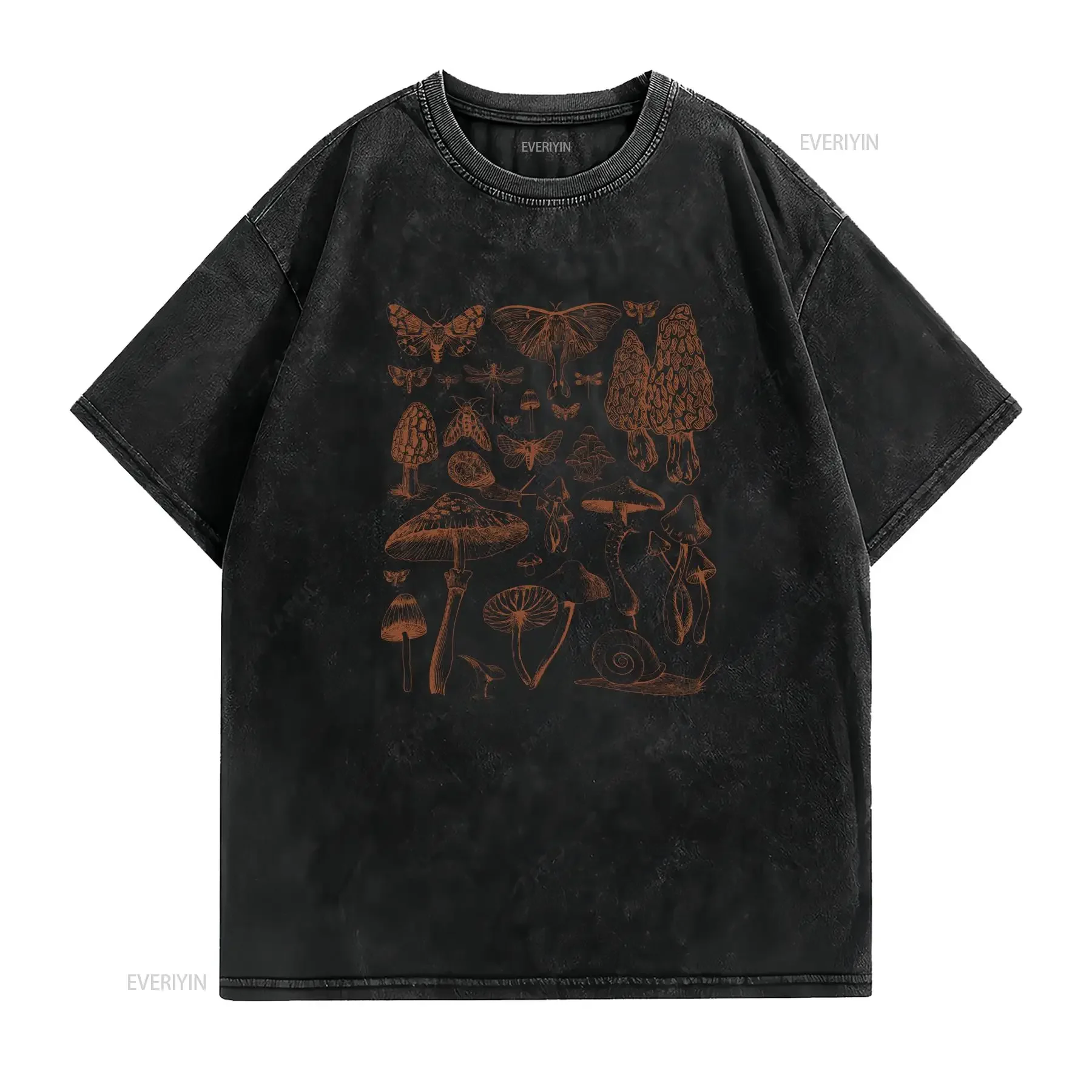 Moths and Mushrooms Y2K T Shirt Grunge Clothing Cottagecore Goblincore Fairycore Forest Indie vintage Washed Unisex graphic