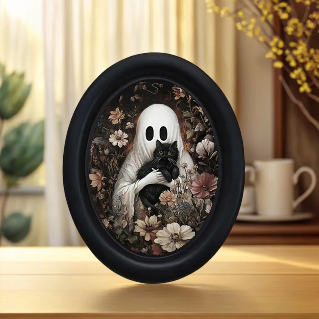 1 Piece of Victorian Vintage Floral Ghost Cat Wall Decoration, Wooden Oval Frame Decoration, Halloween Mood-Enhancing Decoration, Bedroom and Living Room Tabletop Ornament, Halloween Gift for Cat Lovers