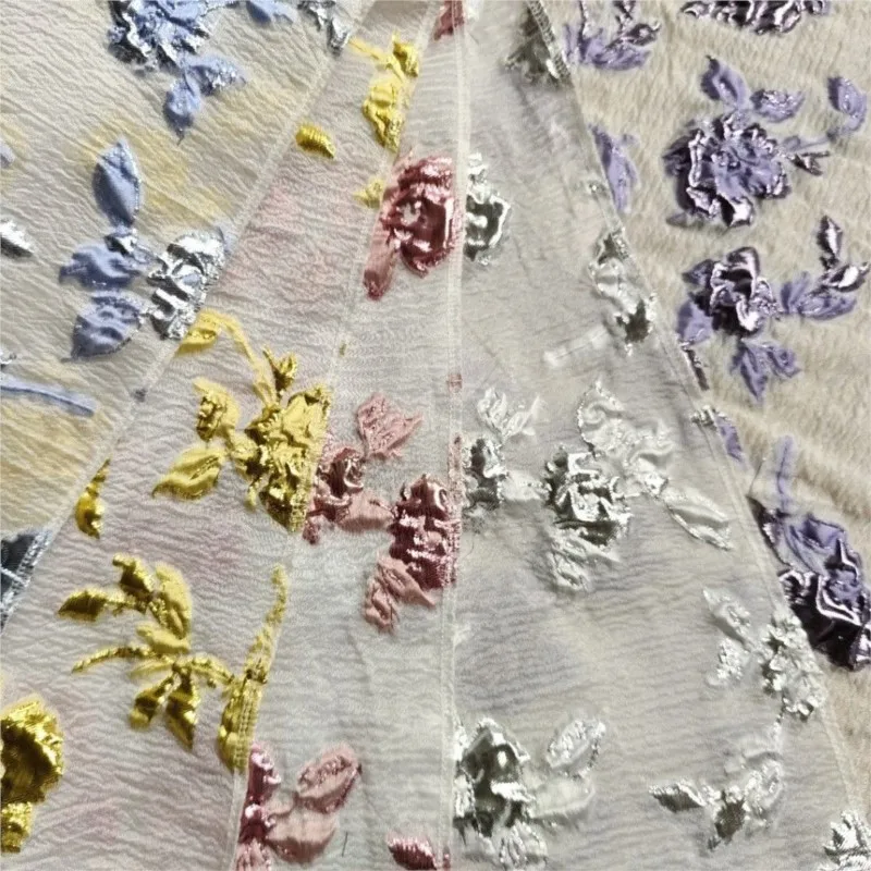 Micro-permeable seersucker embossed gold thread flower jacquard fabric organza dress and evening gown