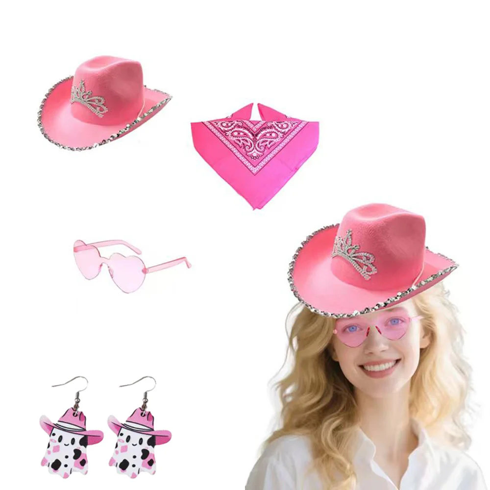 

PESENAR Pink denim style accessory set including heart-shaped sunglasses, diamond hat, printed handkerchief, and cute earrings