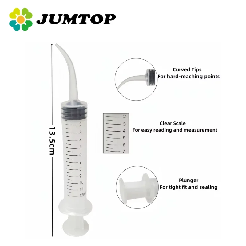 JUMTOP 5Pcs Dental Disposable Irrigation Syringe with Curved Tip 12ml Dentistry Consumable Material Dentist Tools