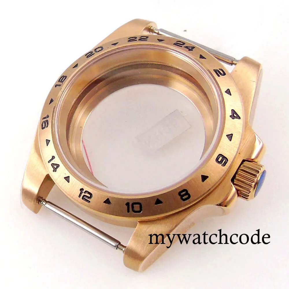 GMT Master-Rose Case relógio de ouro e pulseira, Movimento Caseback vidro, 24H moldura, 40mm, NH34, NH35, NH36, NH70, NH72