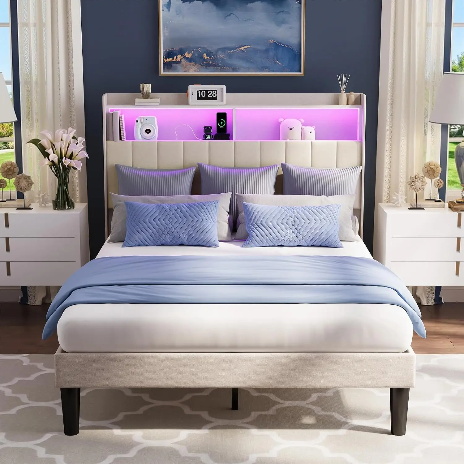 Full Size Upholstered Bed Frame LED Light USB Charging Beige, Customized