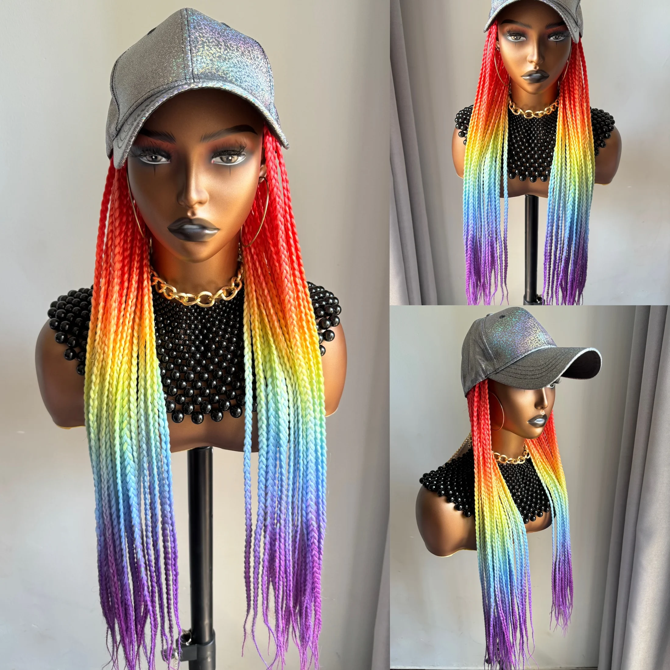 WIGERA Rainbow Ombre On Sales Cheap Long Box Braided Synthetic Wig With Silver Baseball Cap Braiding Hair Extensions For Women