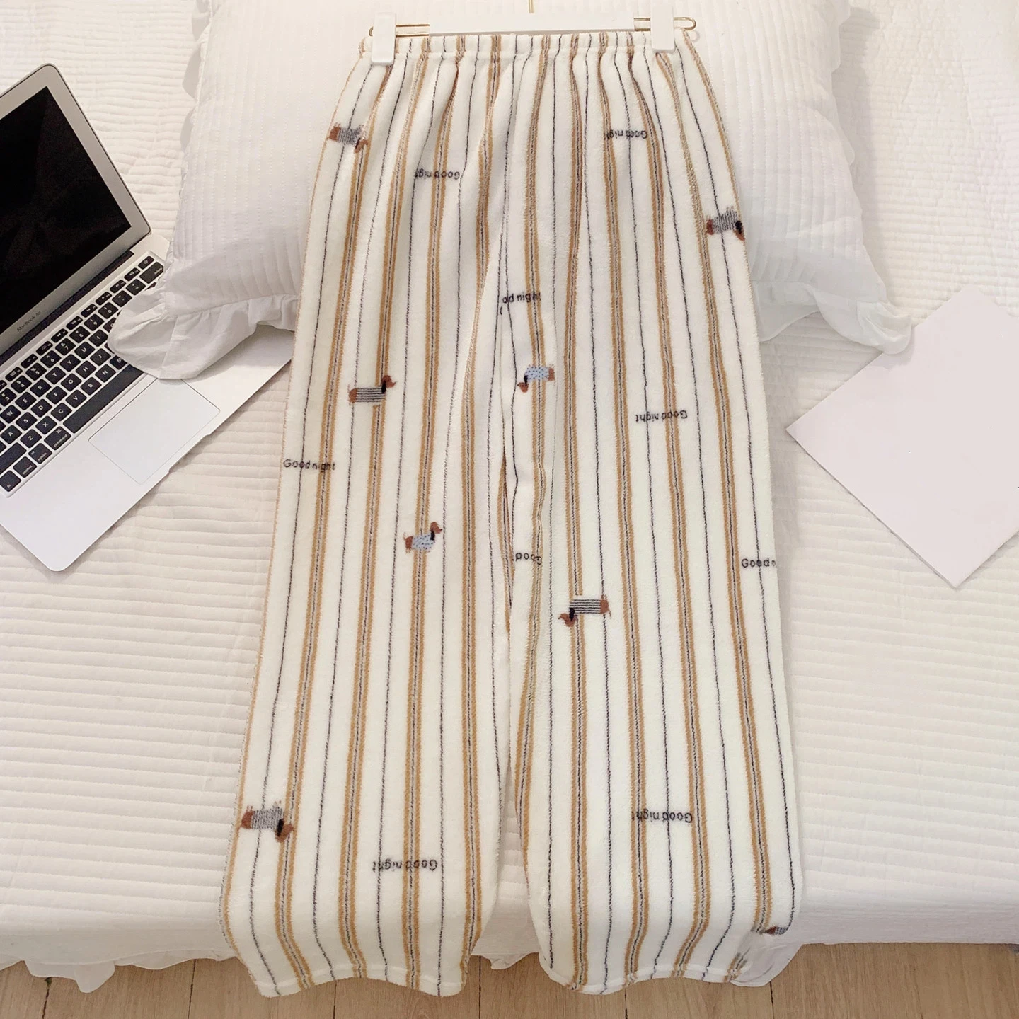 Strip Print Dachshund Sleep Bottoms Korean Style Autumn Winter Warm Flannel Women Pants Elastic Drawstring Waist Casual Trousers