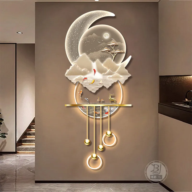 New Chinese Style Entrance Nine Fish Painting LED Light-Up Decorative Art for Corridors and Hallways with Motion Sensor WallLamp