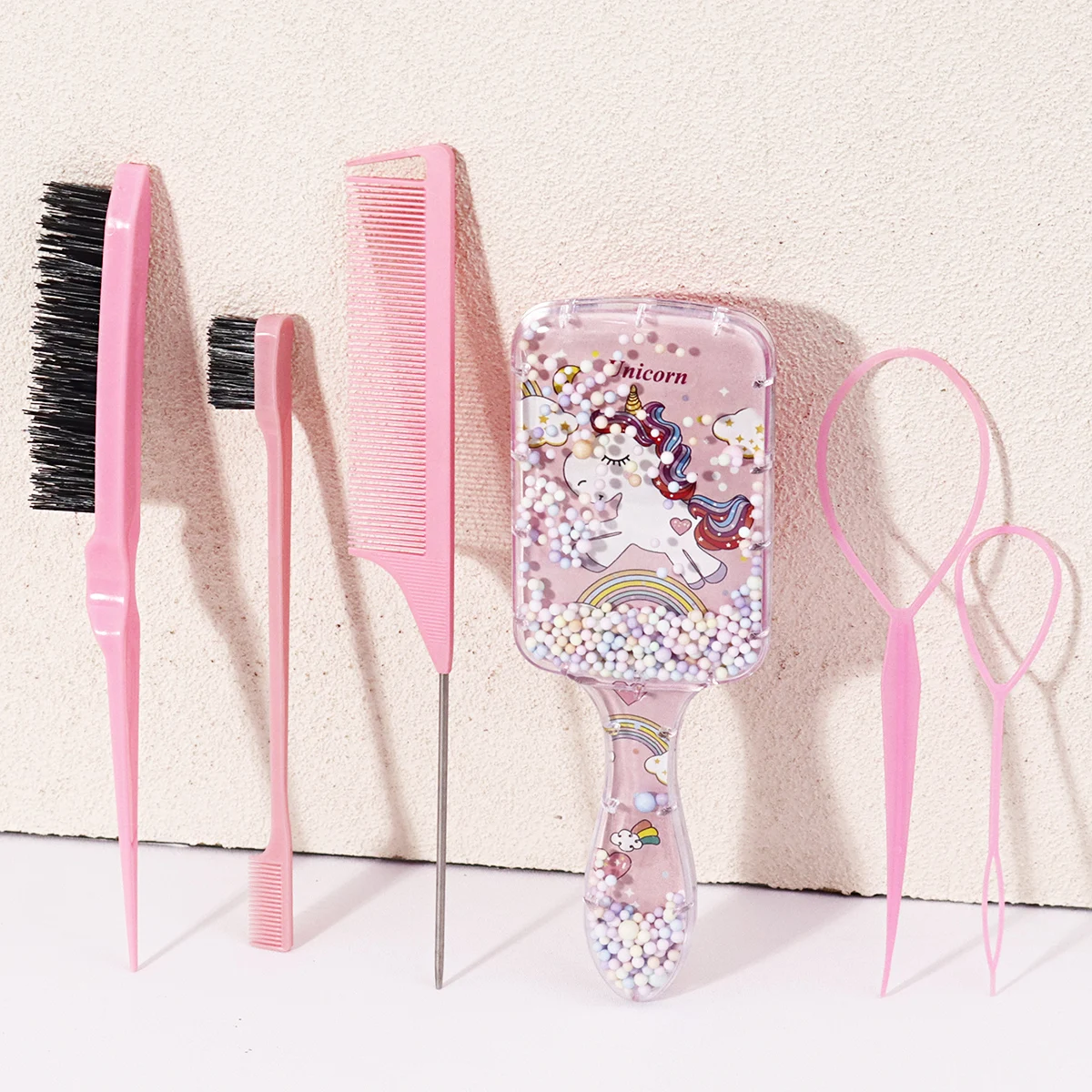 6pcs Hair Styling Set, Cartoon Hair Brush, Tear Comb, Edge Brush, Rat Tail Comb, Hair Weaving Tool Special for Real Hair Wigs