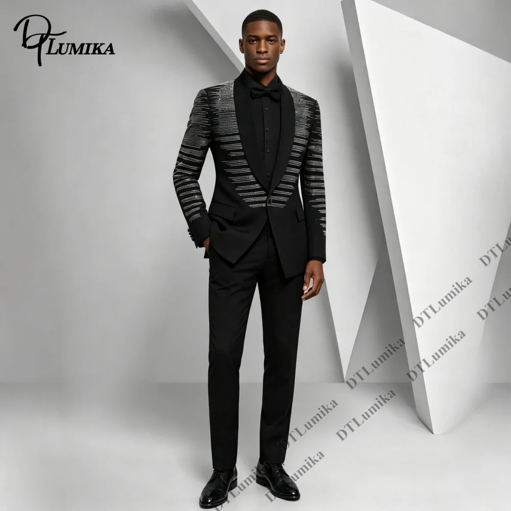Men's 2 Piece Silver Sequin Striped Tuxedo Suit Black Shawl Lapel Blazer Pants Set Wedding Prom Party Stage Performance Club