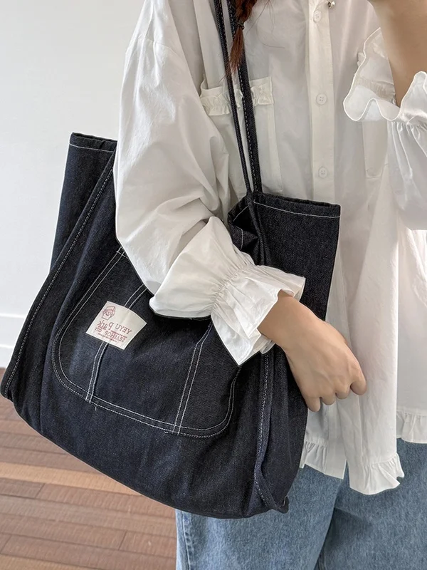 

Осень 2023, женская джинсовая холщовая сумка-тоут, повседневная большая сумка-тоут, пригородная сумка, мягкая квадратная сумка на молнии