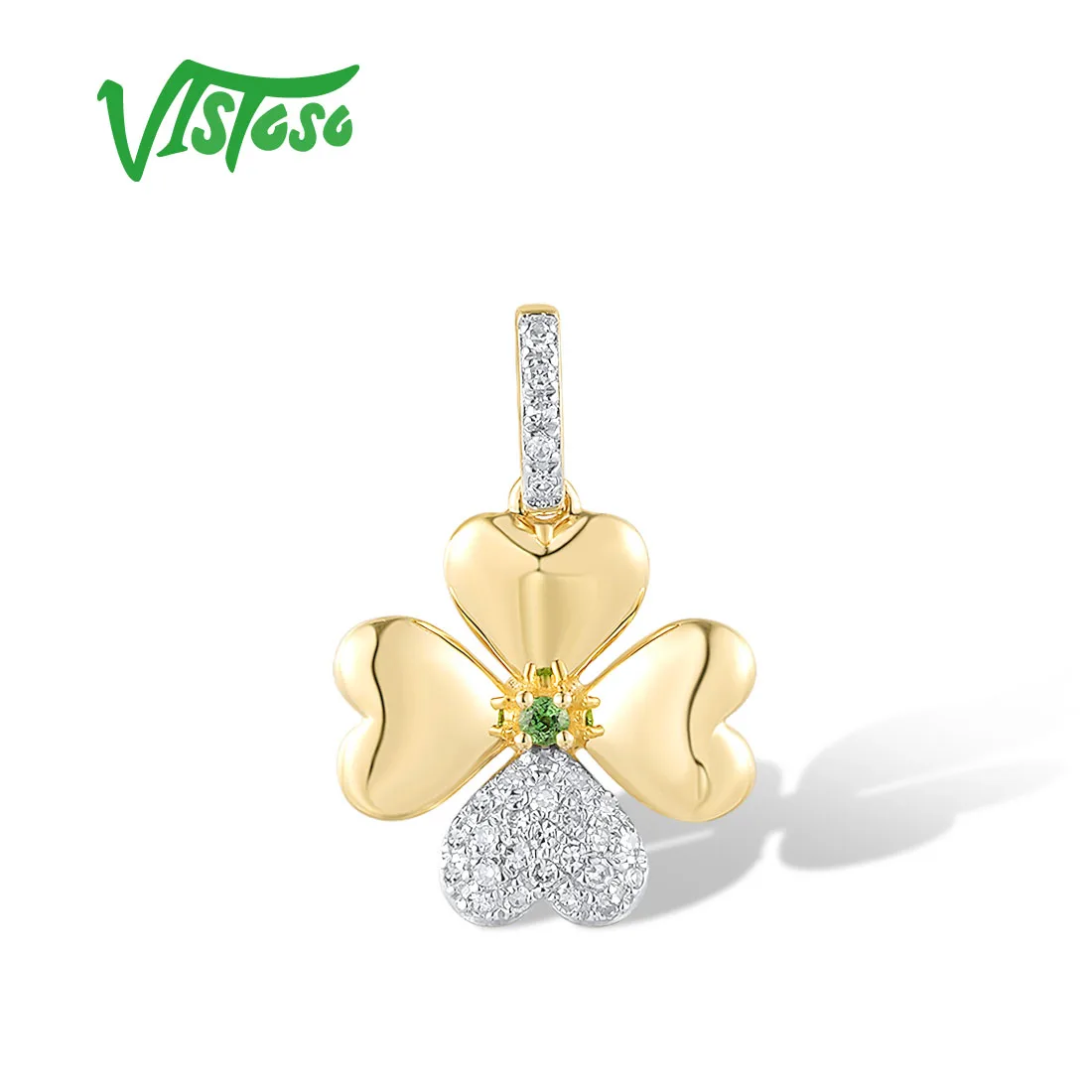 

VISTOSO 14K 585 Yellow Gold Pendant For Women Sparkling Diamonds Green Garnet Lovely Flower Wedding Engagement Gift Fine Jewelry