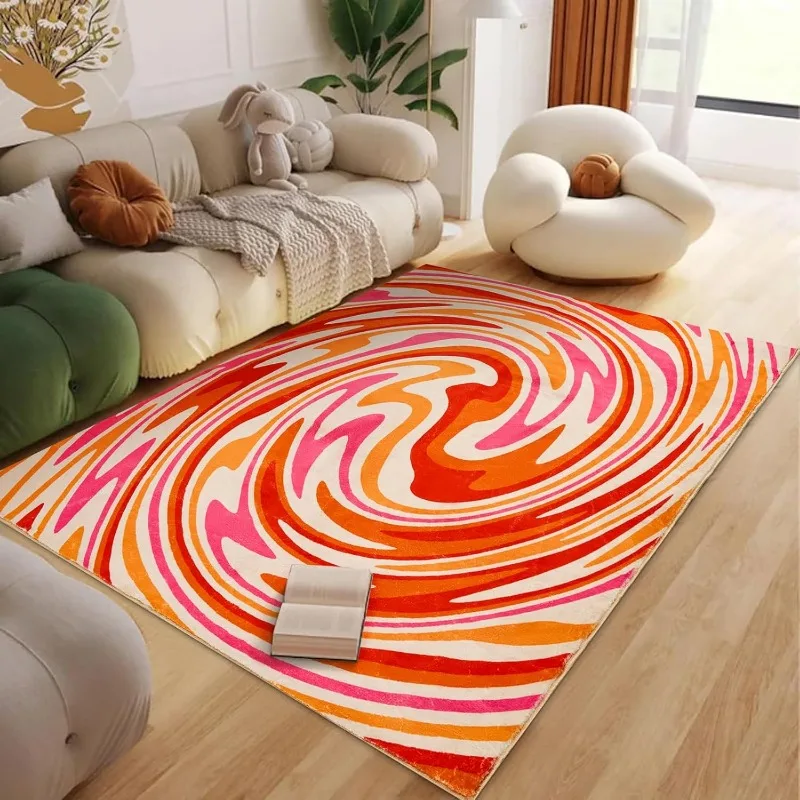 

Orange Aesthetic Bedroom Rug Vintage Abstract Funky Living Room Throw Carpet Mid-century Accent Kitchen Entryway Indoor