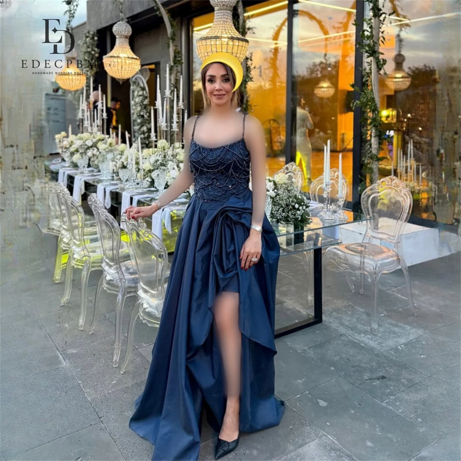 

EDECPBM Satin Sweetheart Navy A-Line Evening Dress 2026 Prom Dress Beading Elegant Formal Evening Gown For Women Customized