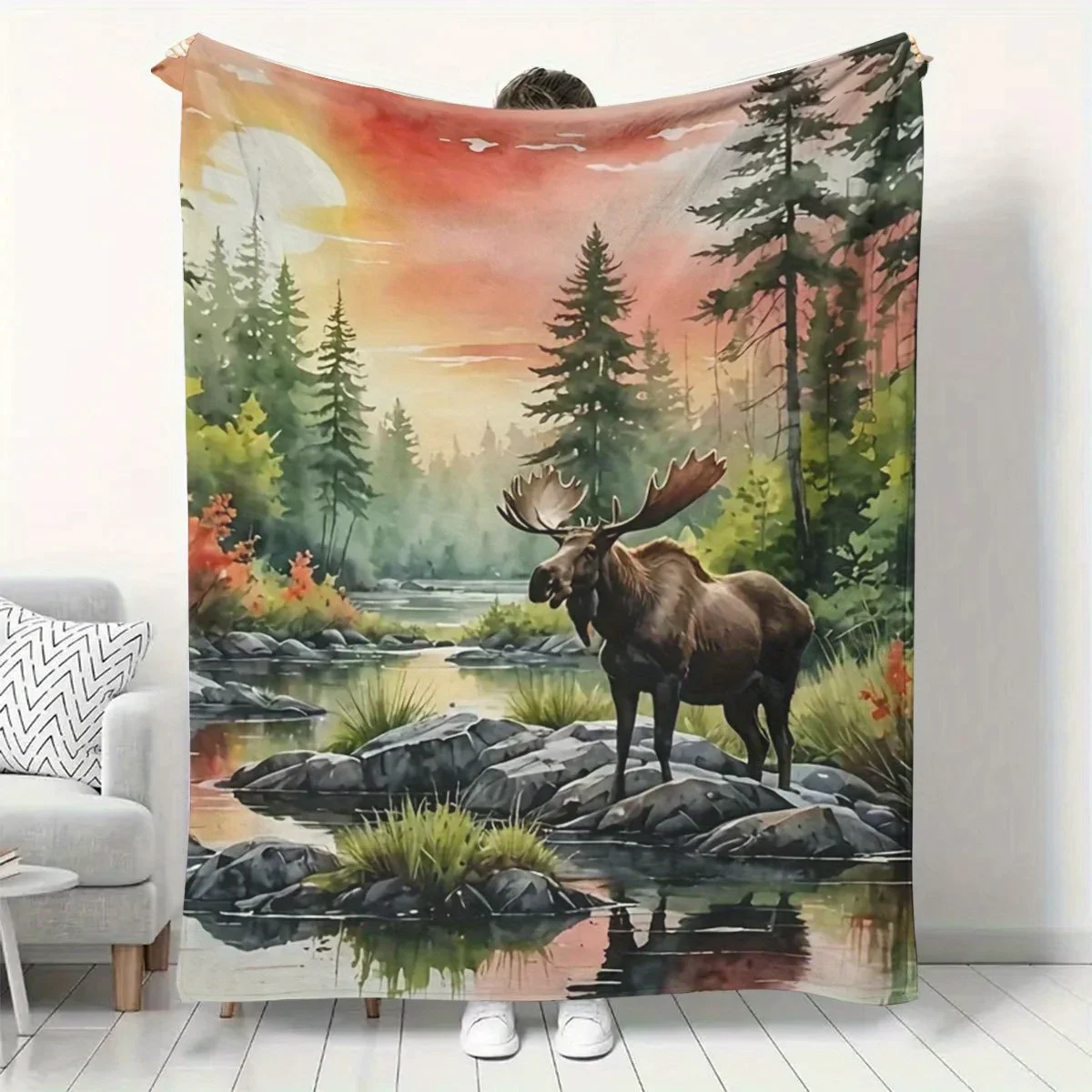 Lush Forest Deer Scene Throw Blanket Rustic Woodland Animals Nature Decor Cozy Home Gift