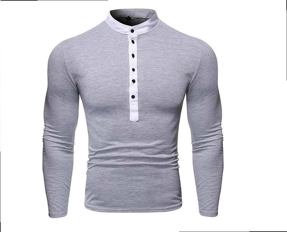 Men's V-Neck Long Sleeve T-Shirt Casual Slim Fit Two-Tone Tee Top Button Detail T-Shirts