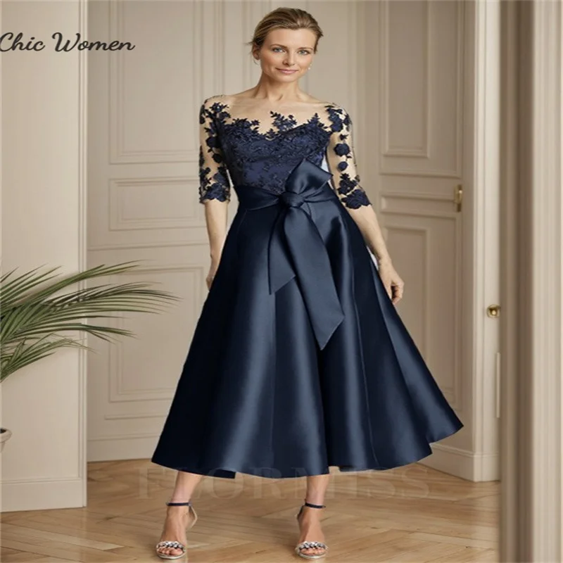 Robe de soirée mi-longue en satin bleu marine foncé pour mère de la mariée, longueur thé, demi-manches, dentelle, robe de soirée pour invité de mariage, personnalisée