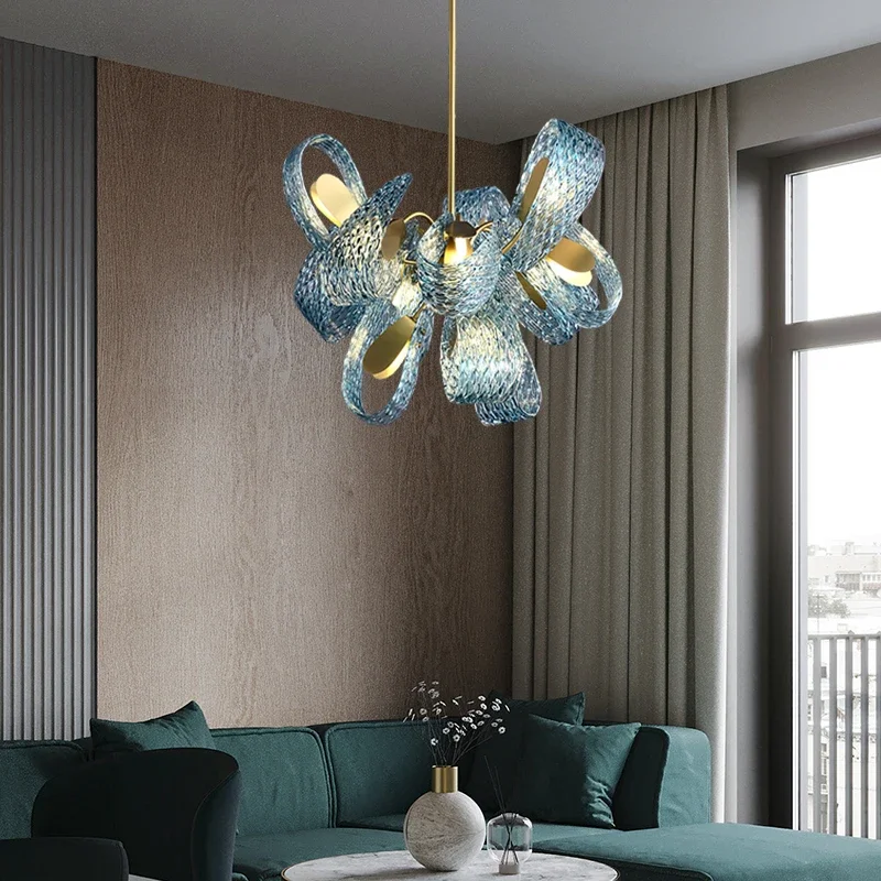 

Creative Blue Flower Living Room Pendant Light Luxury All Copper Upscale Bedroom Restaurant Sample Room Art Personalized