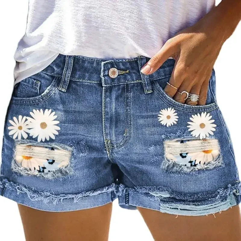 

Women Broken Holes Patches Denim Shorts Sweet Style Floral Print Three Quarter Pants Female Casual Rolled Trouser Leg Mini Jeans
