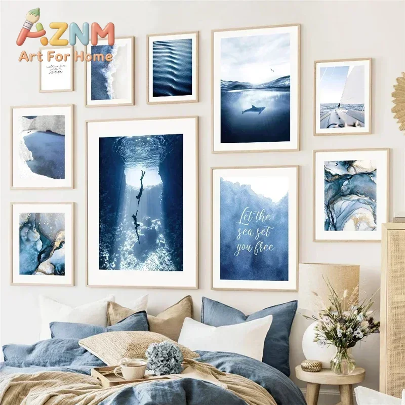 AZNM Blue Ocean Underwater Diver Canvas Wall Art Sea Quote Dolphin Wave Print Poster Coastal Bedroom Home Decor
