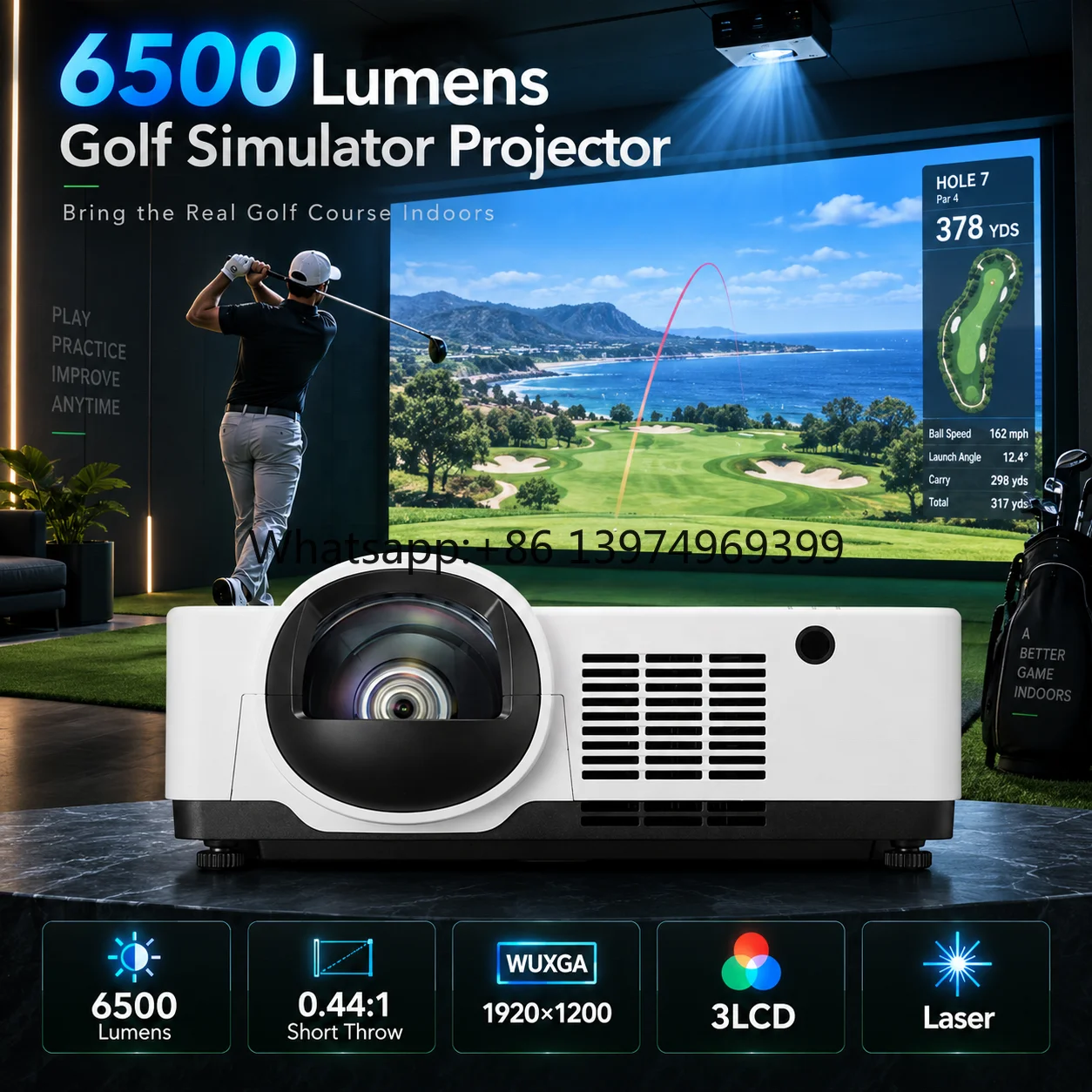 OEM ODM Golf Simulator Projector 6500 Lumens WUXGA 3LCD Laser 0.44:1 Short Throw for Immersive Projection Solutions