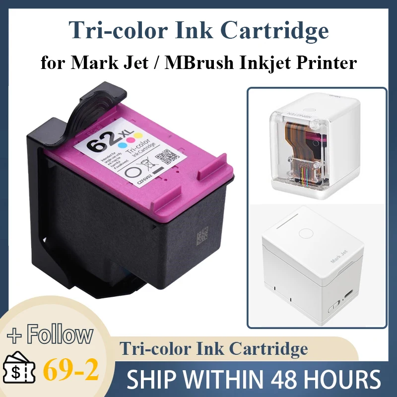 Tri-Color Ink Cartridge Compatible with Mbrush / Pekoko / Mark Jet Inkjet Printers or HP 62XL deskjet Thermal Inkjet Technology