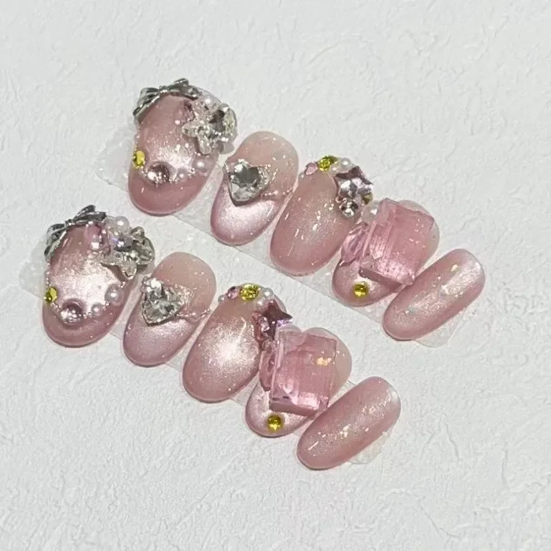 10Pcs /Set Full Cover False Nails Press on Nails Fake Nails Diy Pure Handmade Removable Cat-eye Girly Highlight Diamond