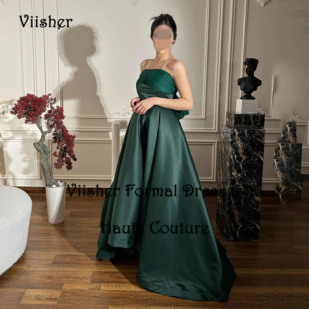 

Green A Line Evening Dresses for Women Pleats Satin Strapless Prom Dress with Train Long Fairy Formal Occasion Gowns