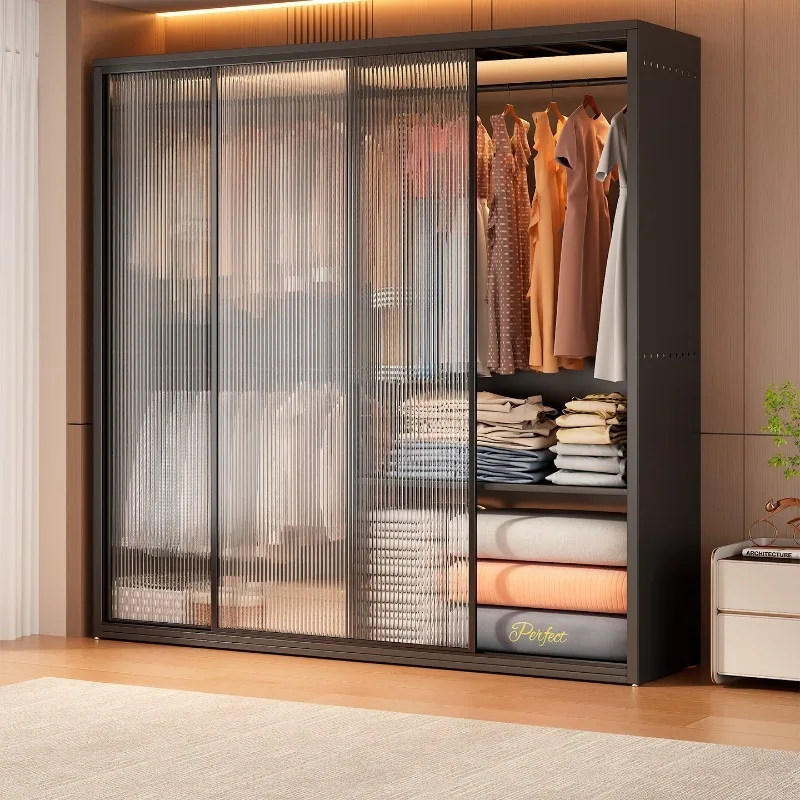 Metal wardrobe, household bedroom sliding door easy assembly strong and durable small apartment steel wardrobe sliding door