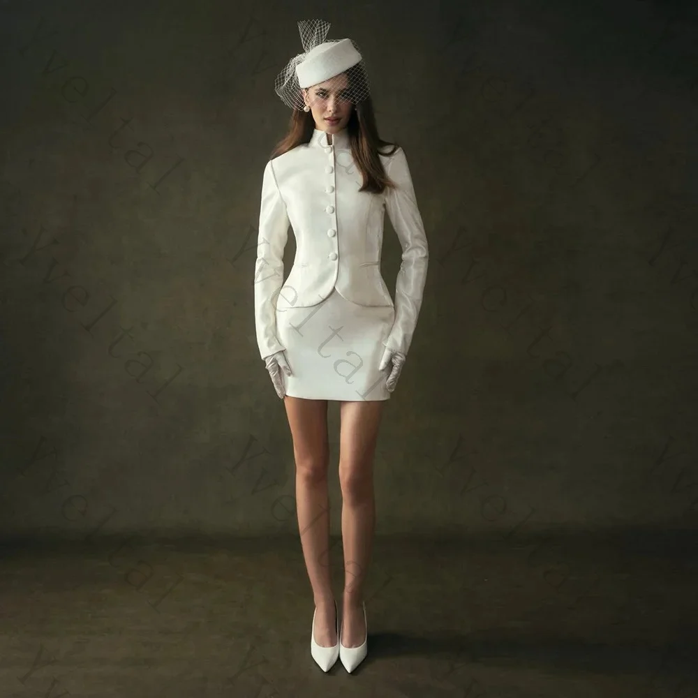 Customized Temperament High Neck Full Sleeve Wedding Dresses Satin Two-piece Set Mini White Button Fascinating Bridal Gown