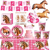 Pink Horse Birthday Decoration Horse Balloon Tablecloth Cup Gift Bag Plate Cake Decor Baby Shower Kid Girls Party Favors supply