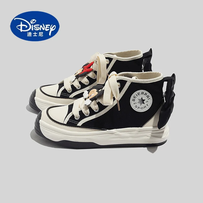 

Disney 2025 New High-Top Round Label Canvas Shoes for Women: Korean Black Big Bow Versatile Casual Shoes