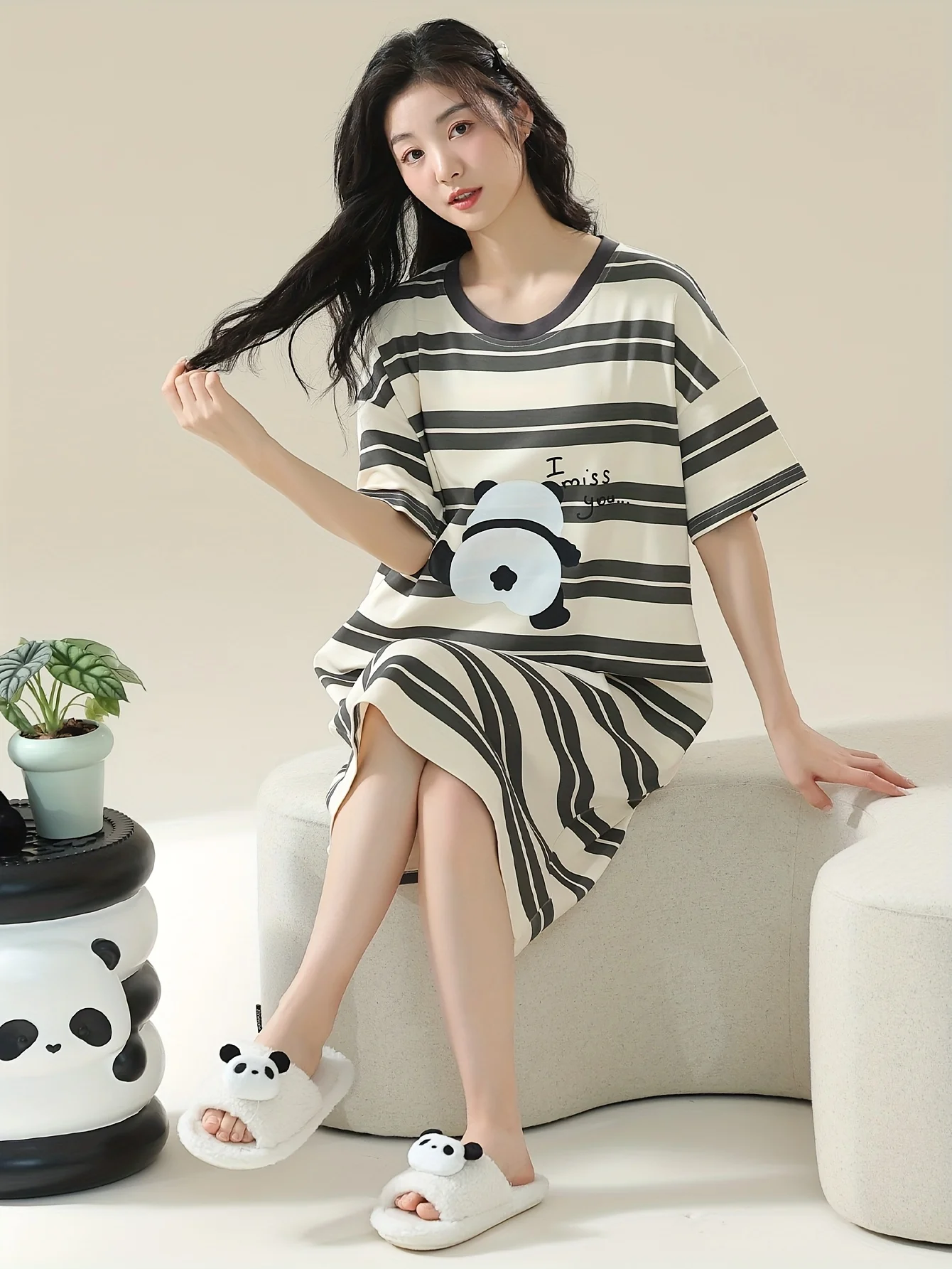 

Women's New Short-sleeved Nightdress Cute Panda Letter Print Women's Girl Home Comfortable Loose Go Out Shopping Dress