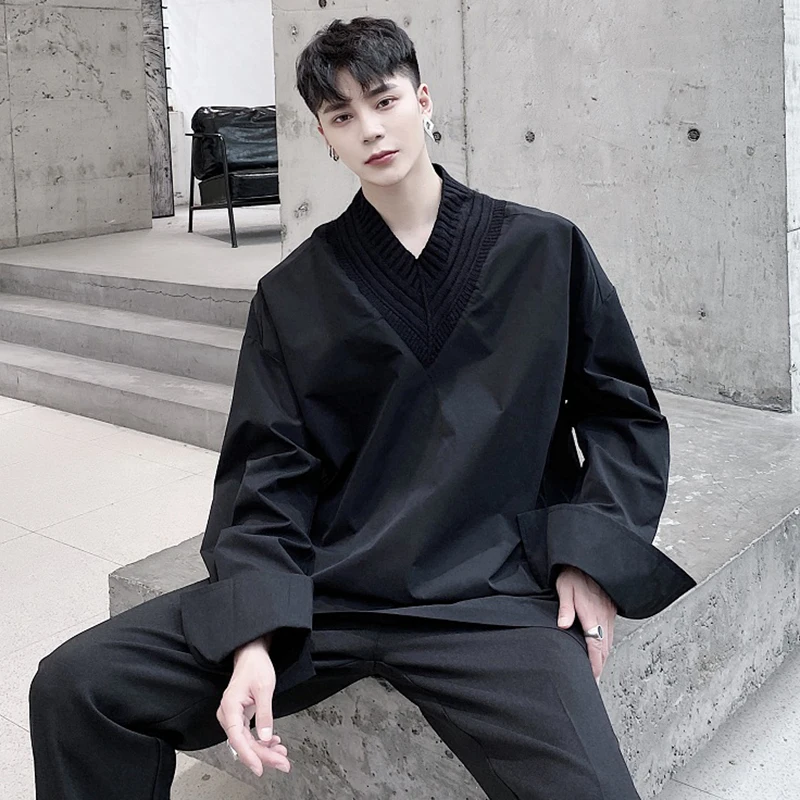 LUZHEN Neck Splicing Casual Elegant 2026 V New Fashion Long Sleeve Shirts Pullover Men's Trendy Luxury Solid Color Tops JY8383