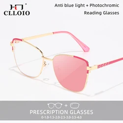 CLLOIO Women Anti Blue Light Reading glasses Street Fashion Cat eye Frame Color Photochromic Myopia Prescription Optical Glasses