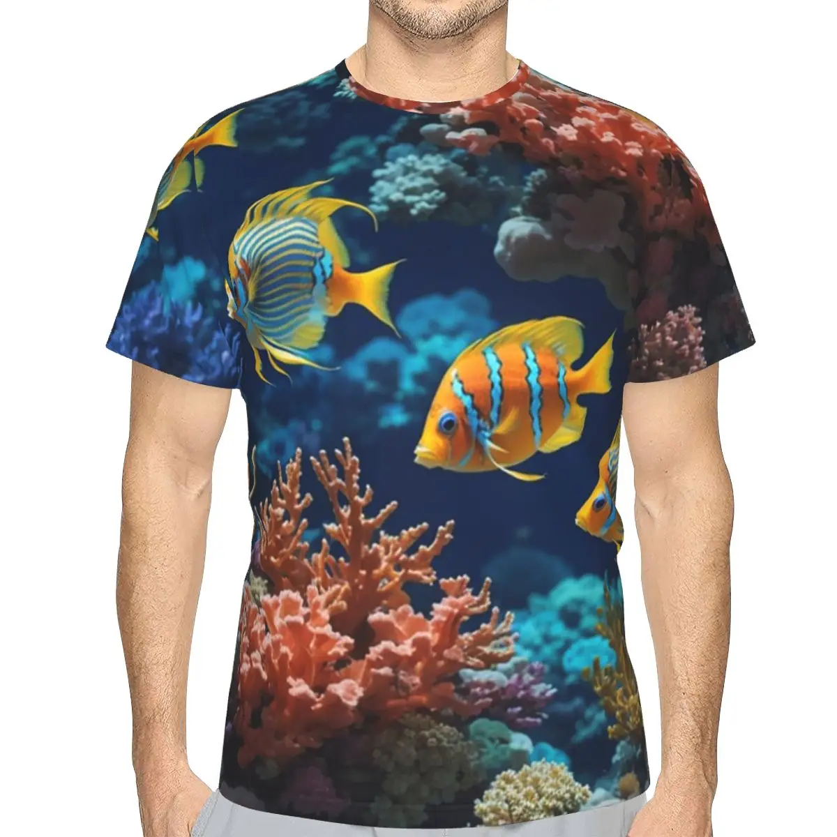 Fish And Vibrant Corals On Ocean 100% Cotton T-Shirt Men'sFunny T Shirts Men Crew Neck Short Sleeve