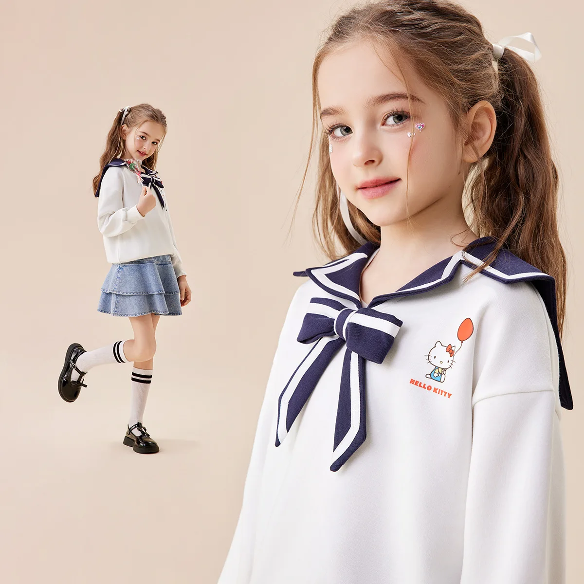 Kawaii New Hello Kitty Kids JK School Uniform Shirt with Shirt Sanrio Anime Clothes Girls Autumn Long-sleeves Top Two Piece Set