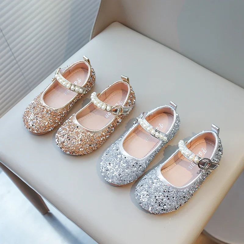 

Kids Leather Shoes 2024 New Glitter Rhinestone Children Crystal Shoes Girls Dress Flats for Wedding Party Pearls Beading Bling