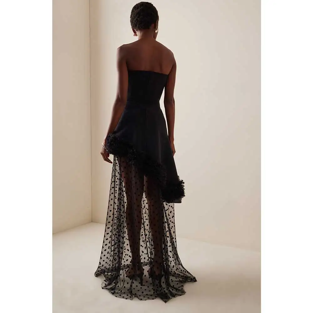 YUNLAN Luxury Black Crepe Off Shoulder Mini Evening Dress 2024 Dubai Wedding Guest Sleeveless Midi Skirt Ball Party 2-Piece Gown