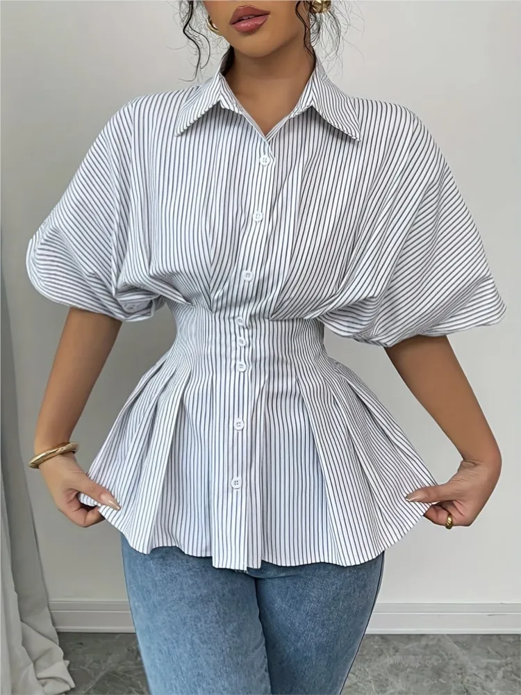 Camisa elegante a rayas para mujer, camisas con botones y cuello vuelto de manga corta a la moda, Tops para mujer, ropa de oficina para vacaciones