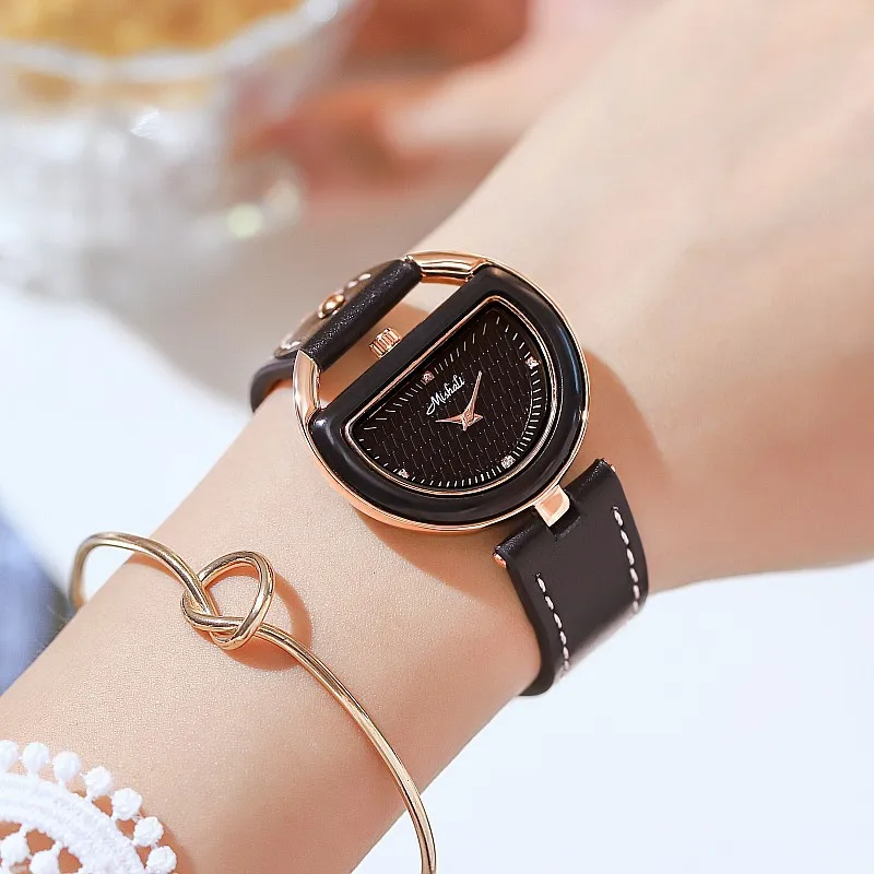 Design semi-circle dial leather strap personality quartz watch women\'s watch accessories for women small elegant woman watch