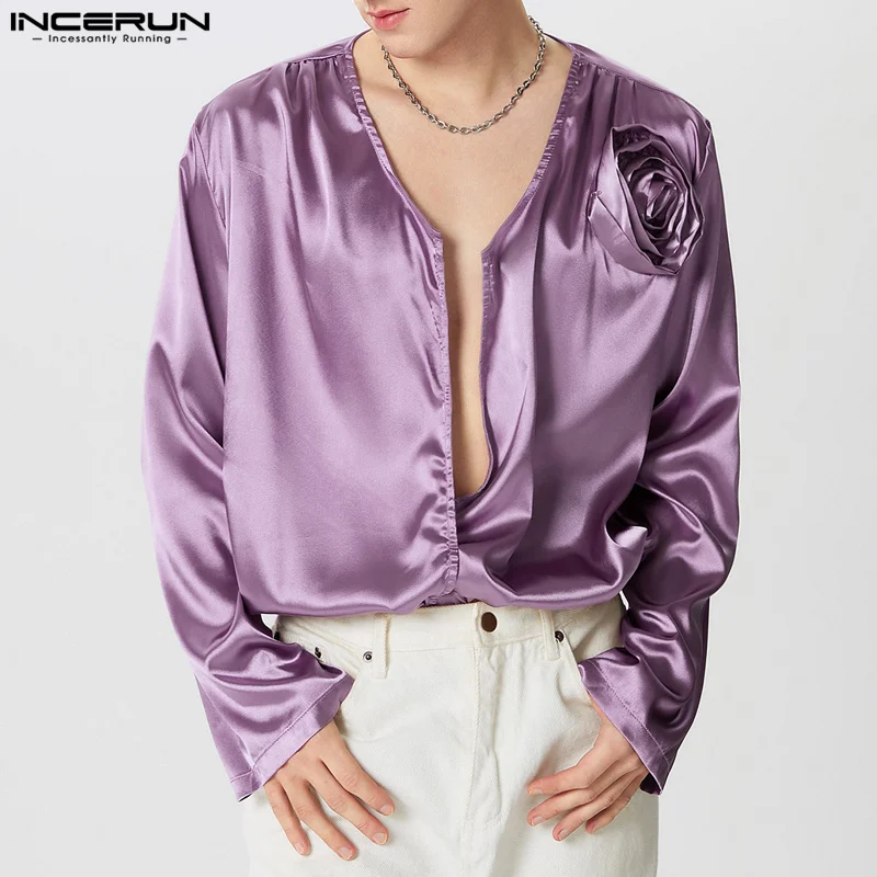 INCERUN Men Shirts Solid Color Satin V Neck Long Sleeve Casual Men Clothing Flower Loose Streetwear 2024 Fashion Camias S-5XL