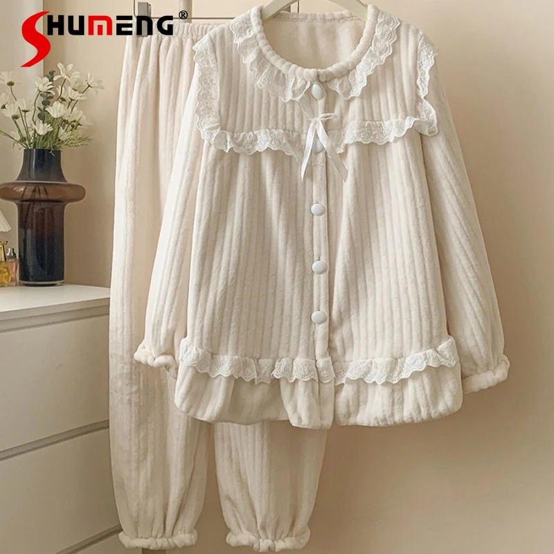 

Fleece Off White Homewear for Women Autumn Winter Sweet Lace Pajamas Suits Female Japanese Cute Princess Thickened Loungewear