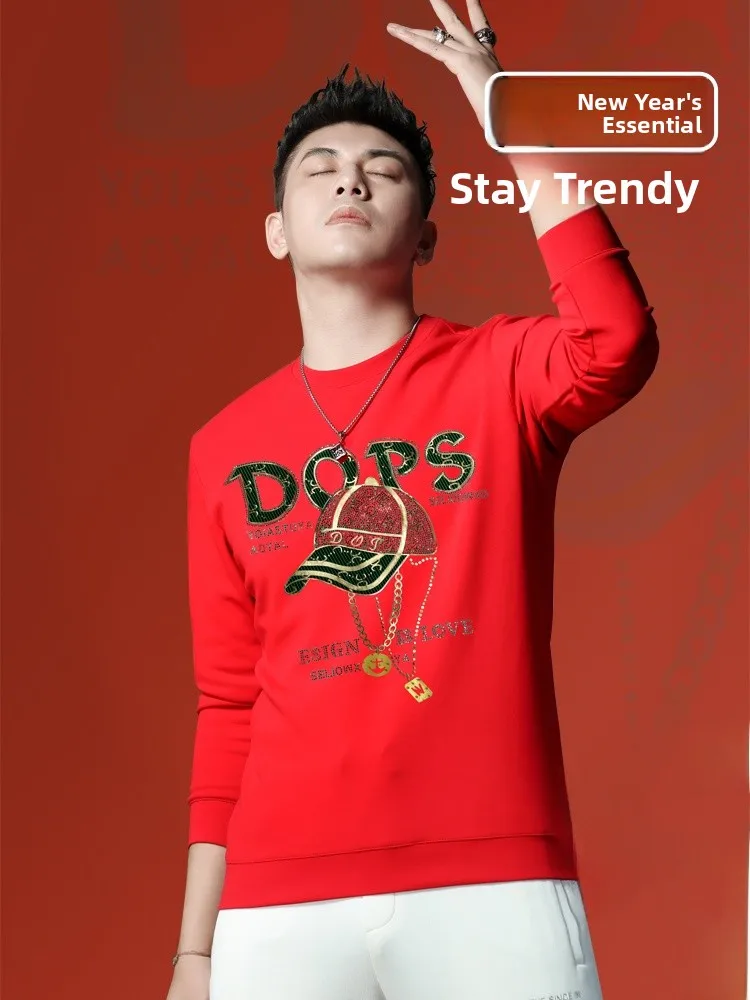 

Красный свитшот с длинными рукавами и круглым вырезом для мужчин, осенне-зимняя модная одежда, брендовый, высококачественный, с индивидуальным принтом, антибактериальный, удобный крой.