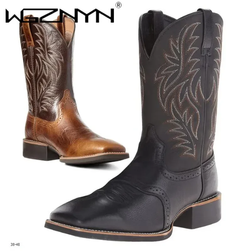 Botas altas para hombre, bordado Retro hecho a mano, diseñador, vaquero occidental, bota con punta en pico, costura a mano, zapatos góticos para exteriores para hombre