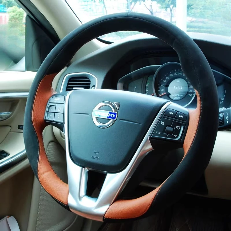 

Для Volvo XC60 S60 V40 V60 S40 2011-2017 Нескользящий замшевый коричневый чехол ручной работы из натуральной кожи на руль автомобиля