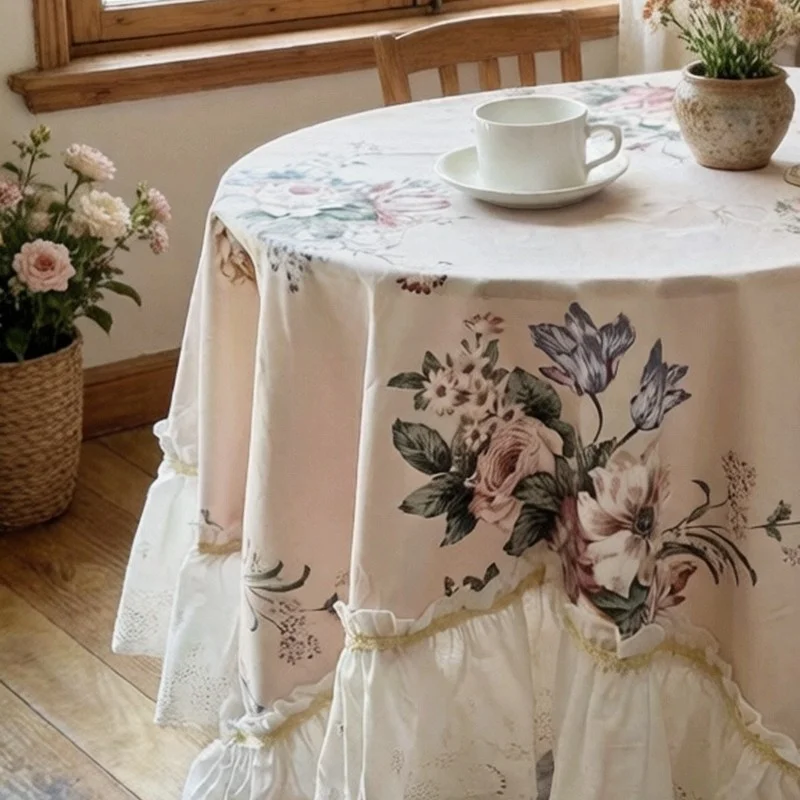 French Pastoral Style Embroidery Pure Cotton Tablecloth Ruffle Floral Pattern Rotundity Restaurant Living Room Home Decoration