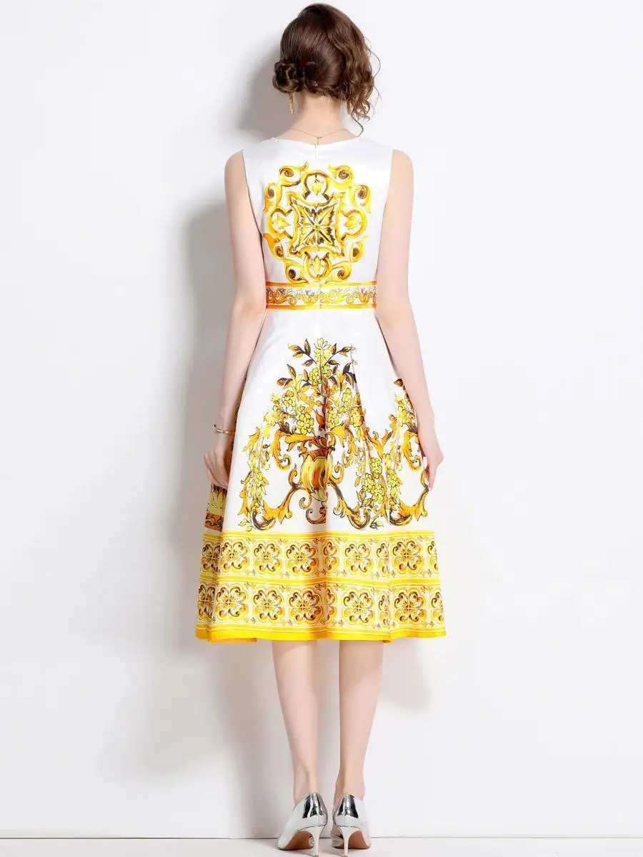 Robe d'été Vintage à fleurs, jaune, bleu, rose, sans manches, col rond, imprimé Floral, gilet Slim, mi-longue, tenue de soirée