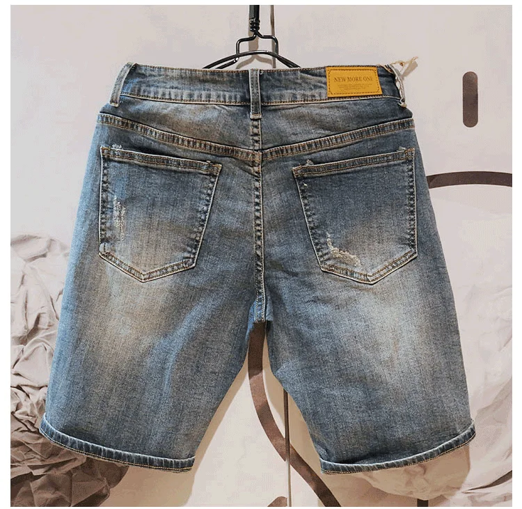 Summer Trendy Brand Men's Denim 5/5 Shorts Korean Edition Ins Style Fashion Straight Tube Piercing Middle Pants